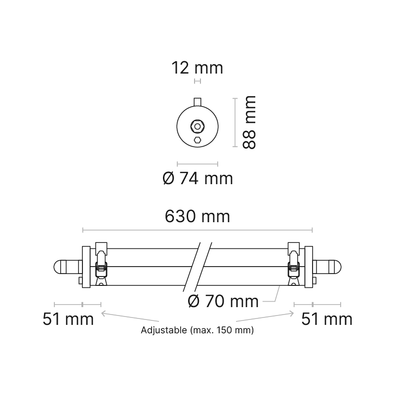 VRLX 600mm (nom.) Low Power Clear Aisle-Lighter Duo DALI Dimmable MelaGen® Active Through-Wired with 304 Stainless Steel Clamps
