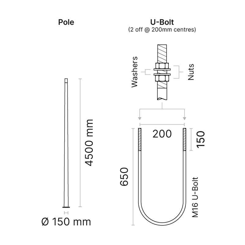 Vesta tapered aluminium pole with baseplate, 4.5m high