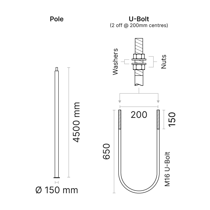 Tubal cylindrical aluminium pole with baseplate, 4.5m high