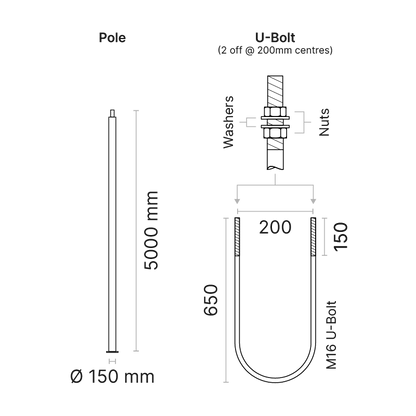 Tubal cylindrical aluminium pole with baseplate, 5m high