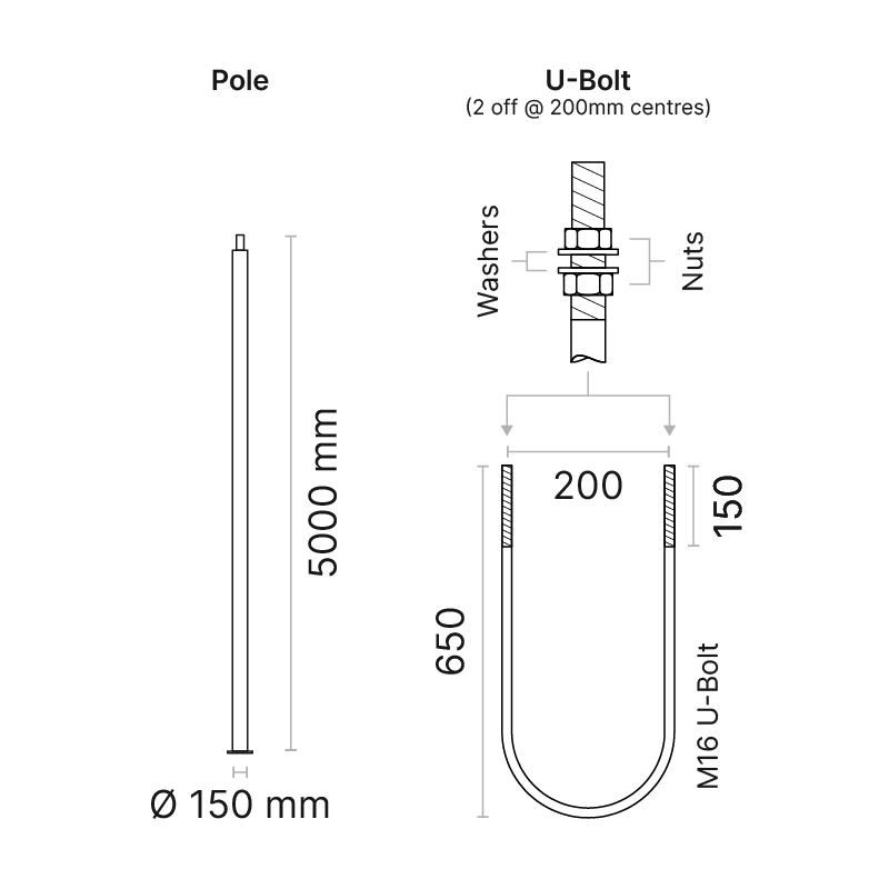 Tubal cylindrical aluminium pole with baseplate, 5m high