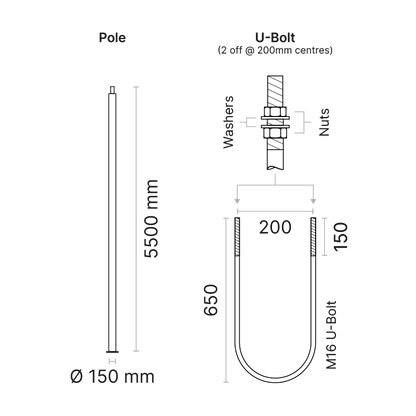 Tubal cylindrical aluminium pole with baseplate, 5.5m high