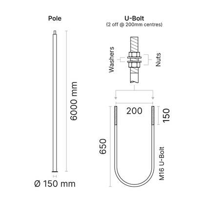 Tubal cylindrical aluminium pole with baseplate, 6m high