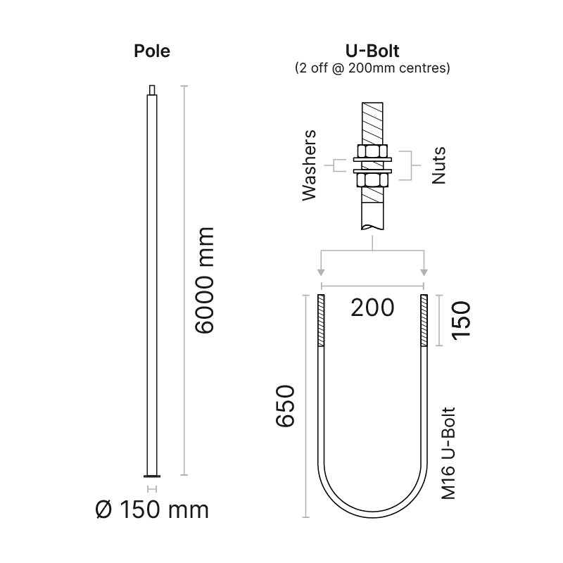 Tubal cylindrical aluminium pole with baseplate, 6m high