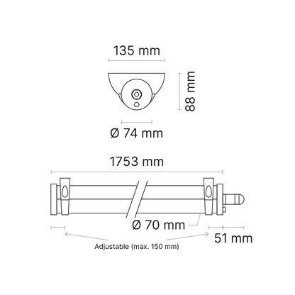 VRLX 1800mm (nom.) Low Power Clear Narrow Beam DALI Dimmable 3000K Ra90 Single-Point with Technopolymer Mounts