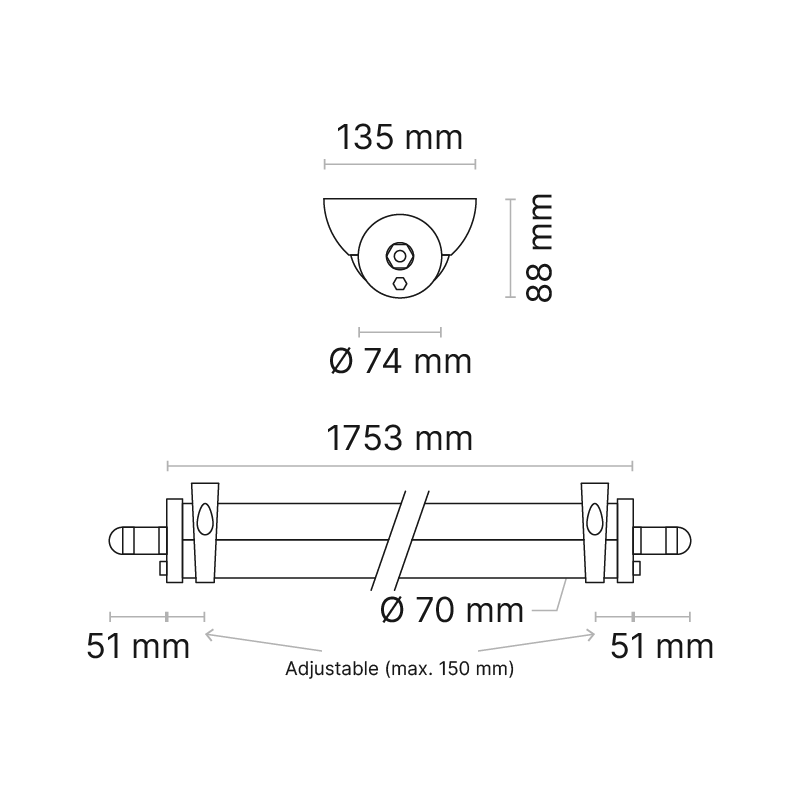 VRLX 1800mm (nom.) Low Power Opal DALI Dimmable 3000K Ra90 Through-Wired with Technopolymer Mounts
