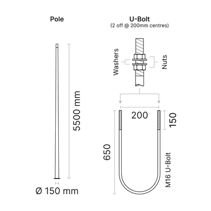 Vesta tapered aluminium pole with baseplate, 5.5m high