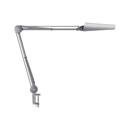Air-LED series LED workstation task light with 60cm arm and integrated mount with covered cable portal, aluminium grey