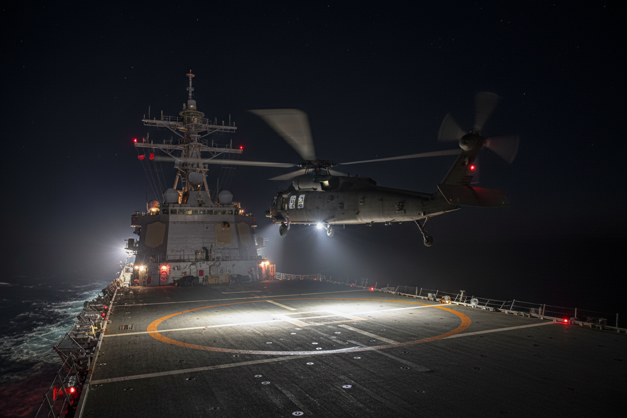 helicopter at night landing on a naval ship with lights lighting up the helipad